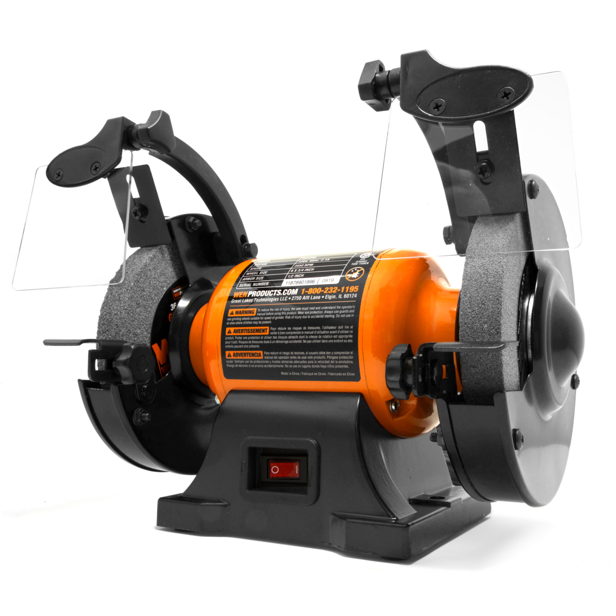 WEN, 2.1Amp 6in. Single Speed Bench Grinder, Wheel Diameter 6 in, Max. Speed 3450 rpm, Model